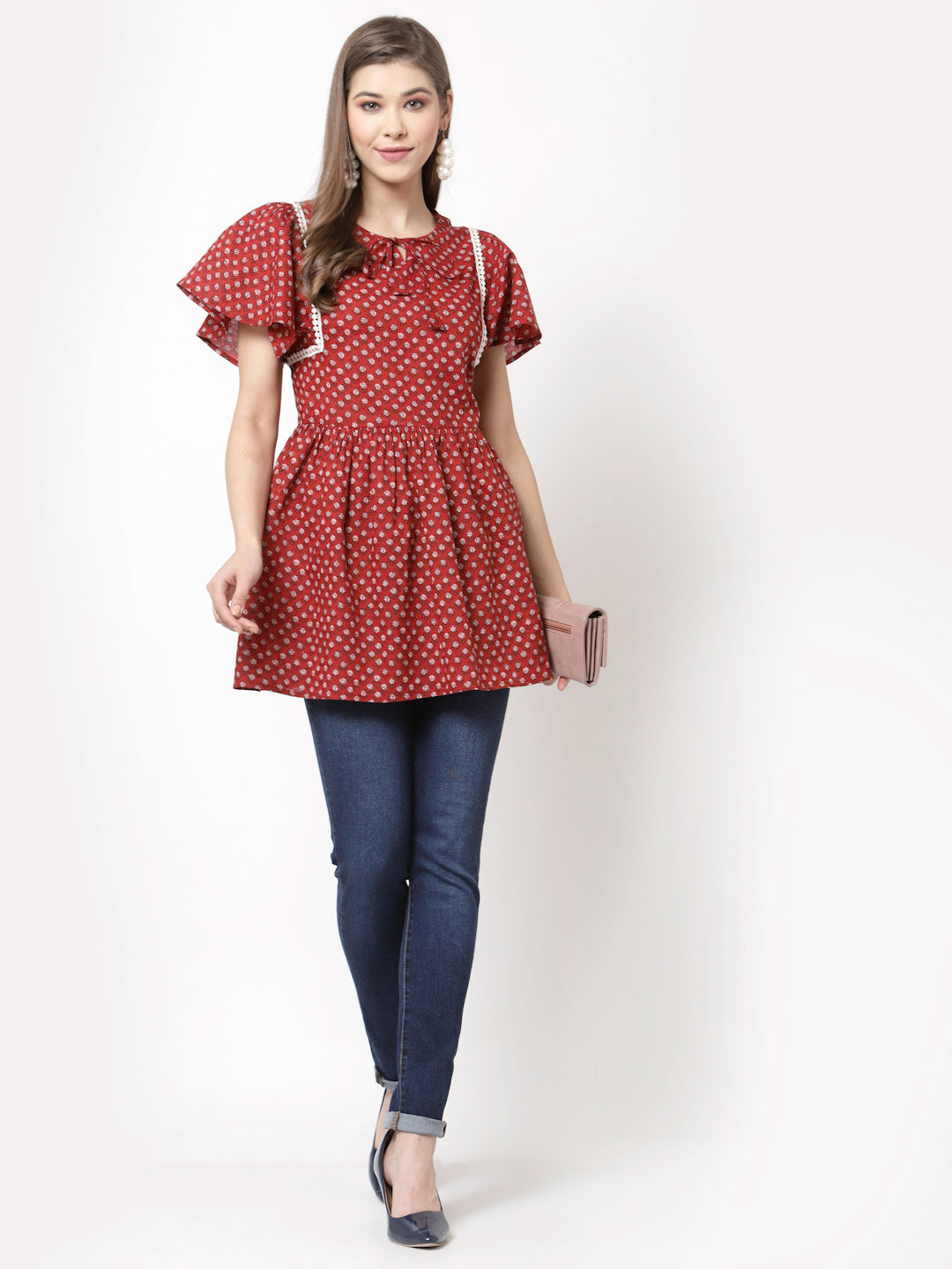 Women Red Coton Printed Cotton Top by Myshka (