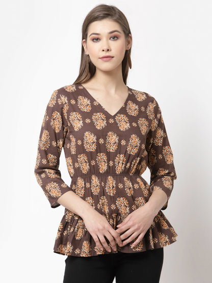 Women Brown Printed Cotton Top by Myshka (