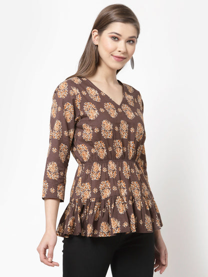 Women Brown Printed Cotton Top by Myshka (