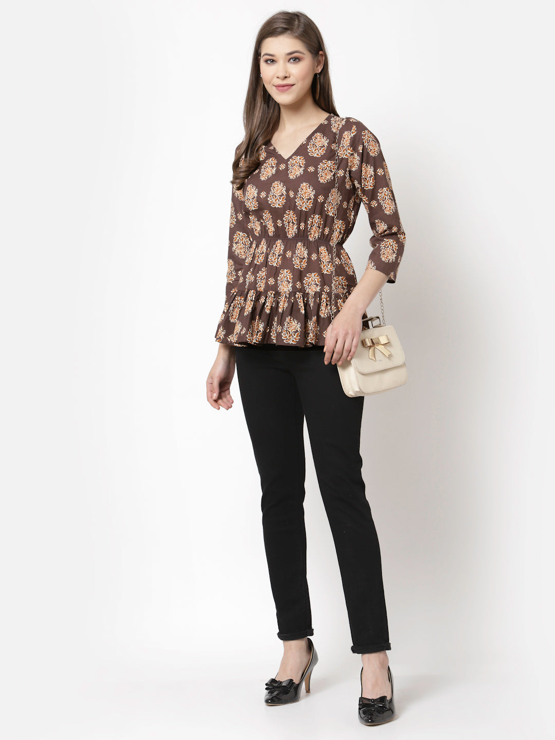 Women Brown Printed Cotton Top by Myshka (