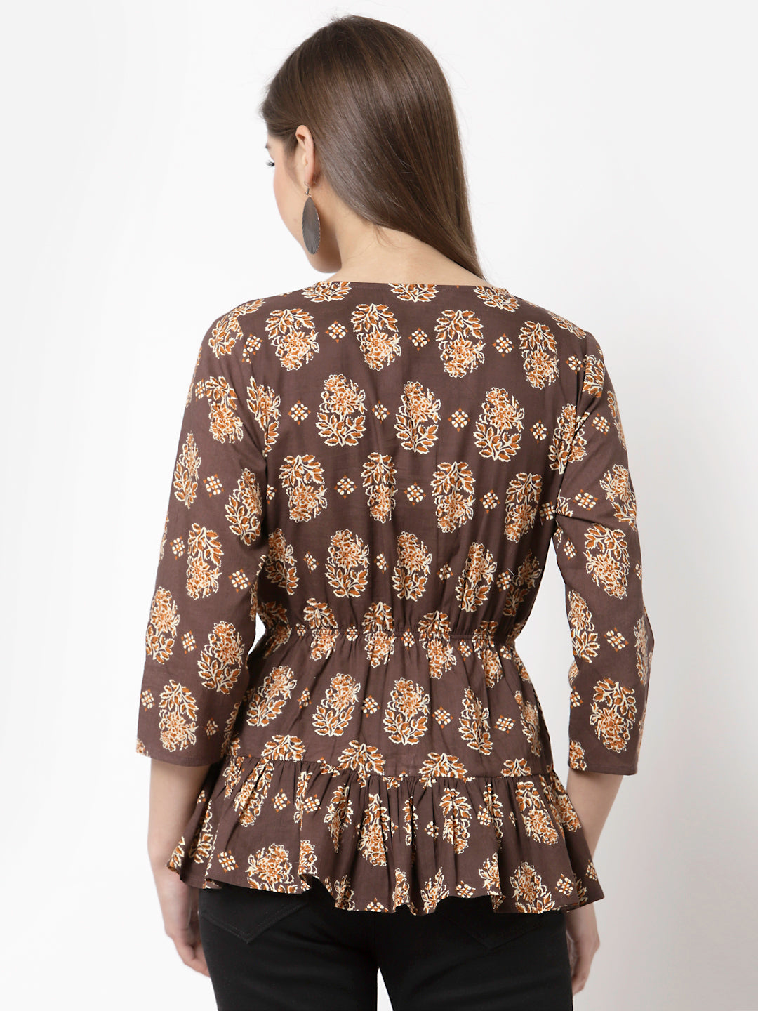 Women Brown Printed Cotton Top by Myshka (