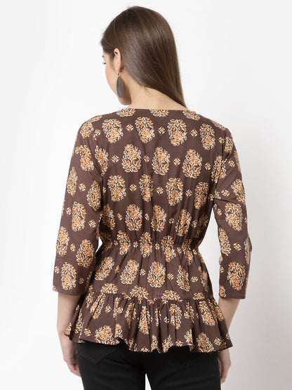 Women Brown Printed Cotton Top by Myshka (