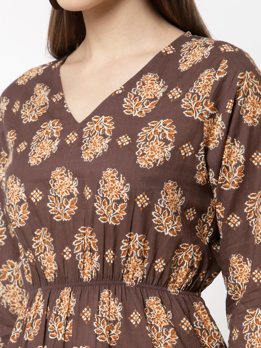 Women Brown Printed Cotton Top by Myshka (