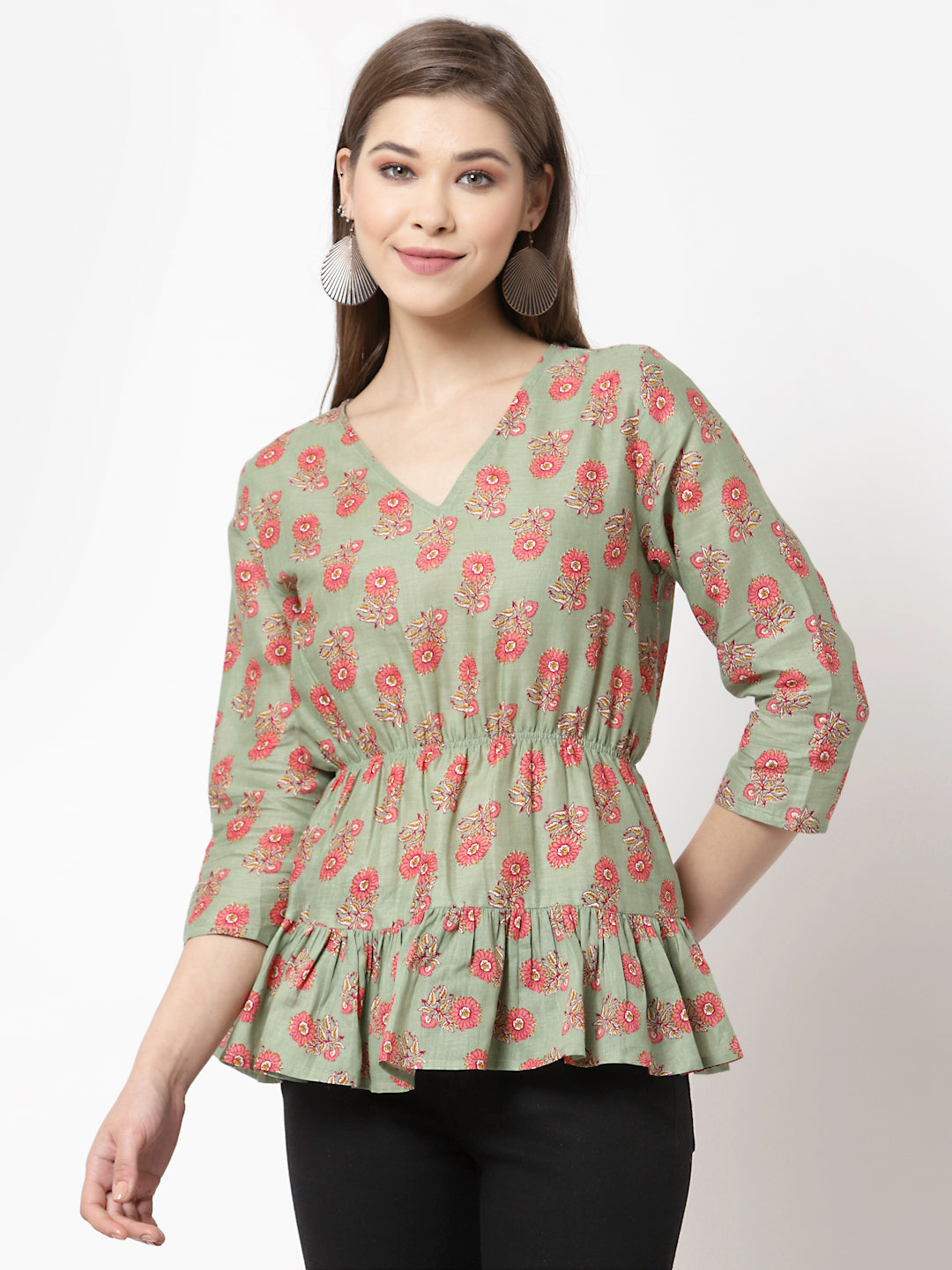 Women Green Printed Cotton Top by Myshka (