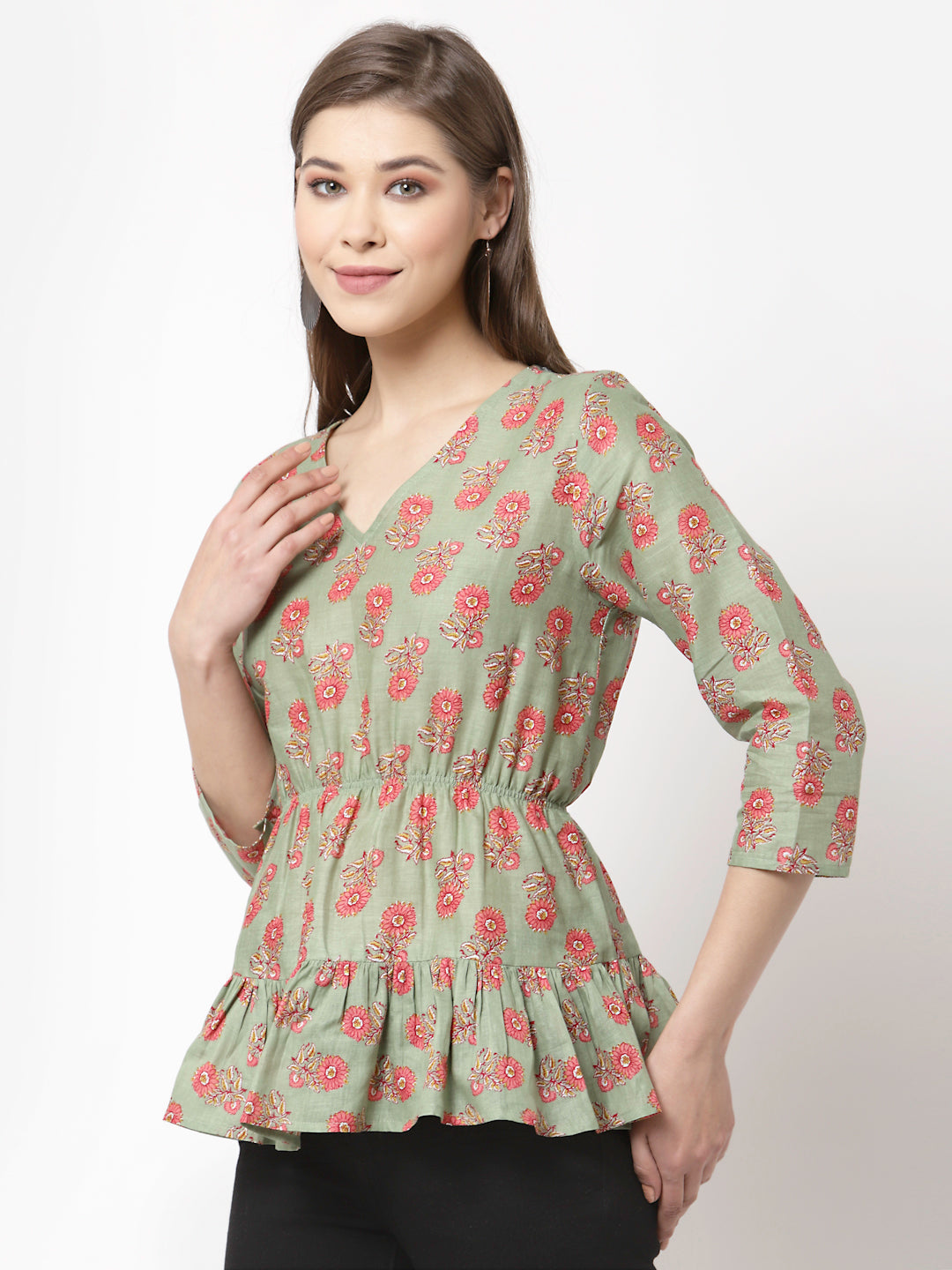 Women Green Printed Cotton Top by Myshka (