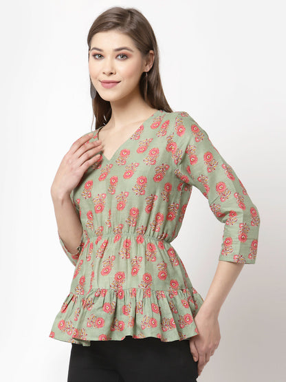 Women Green Printed Cotton Top by Myshka (