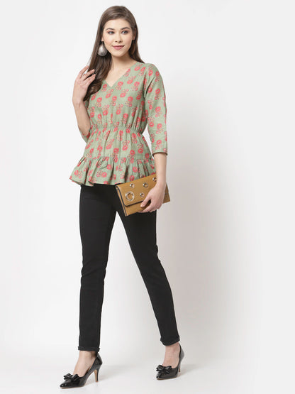 Women Green Printed Cotton Top by Myshka (