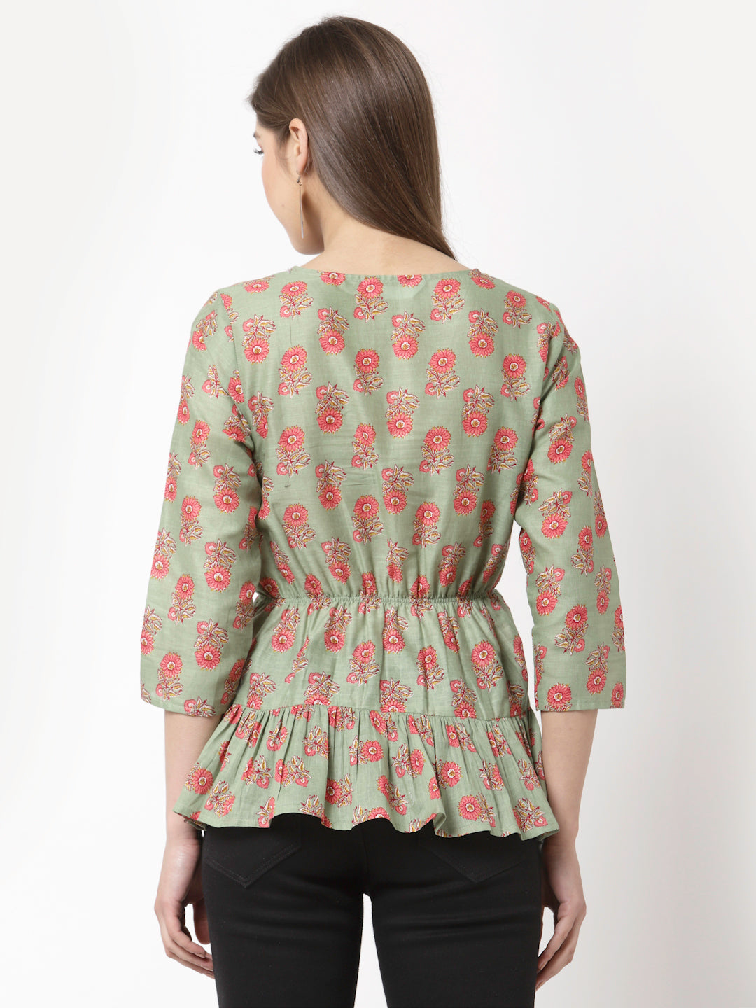 Women Green Printed Cotton Top by Myshka (
