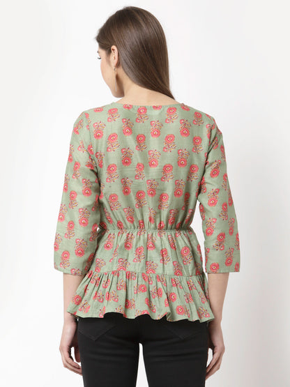 Women Green Printed Cotton Top by Myshka (