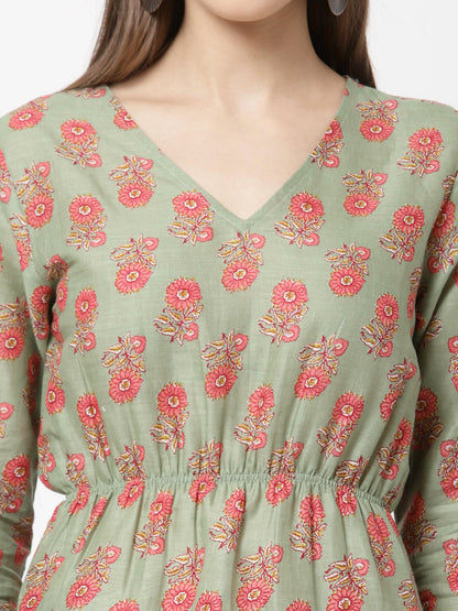 Women Green Printed Cotton Top by Myshka (
