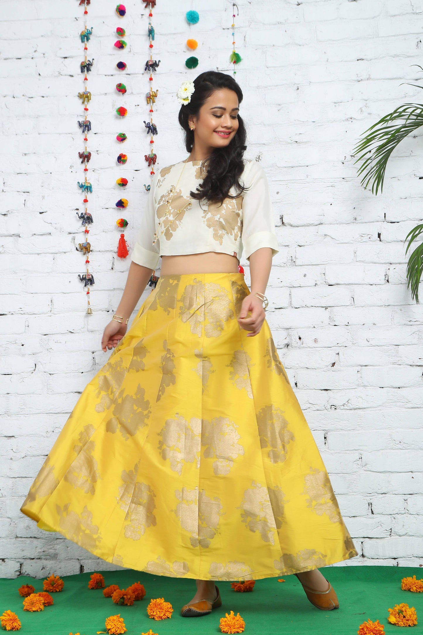 Women's Mustard Taffeta Silk Foil Print Lehenga Choli Set