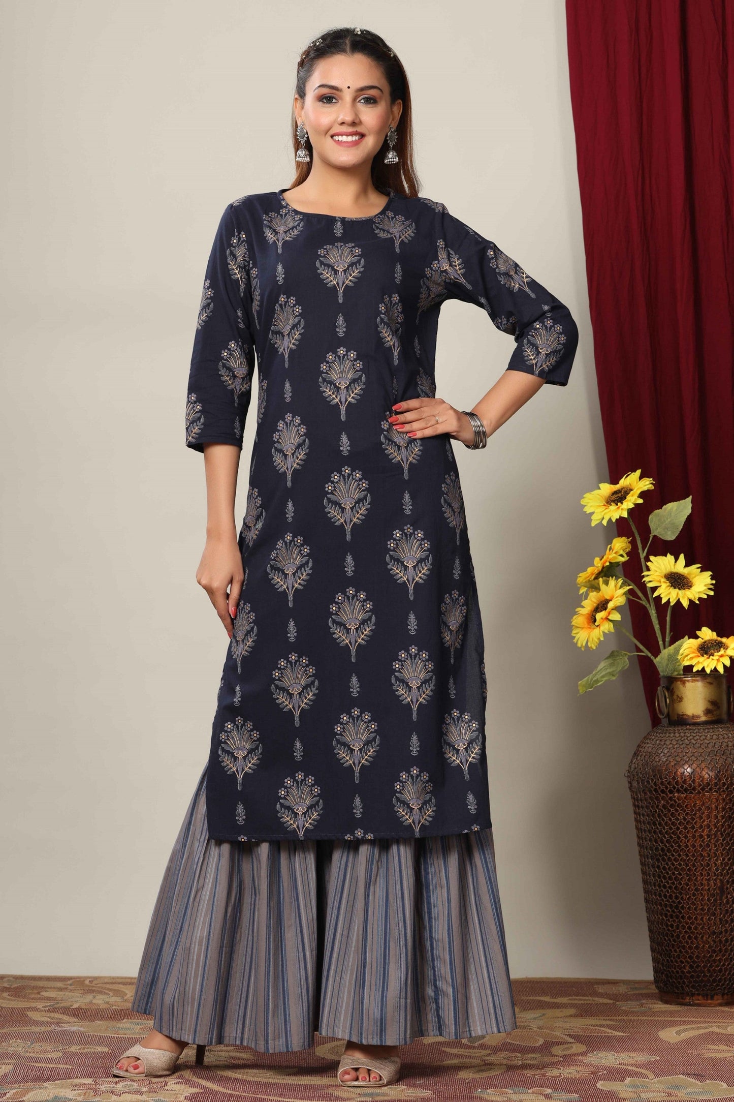 Women's Blue & Grey Printed Cotton Kurta With Sharara
