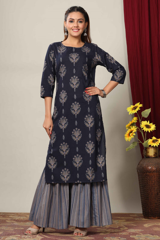 Women's Blue & Grey Printed Cotton Kurta With Sharara