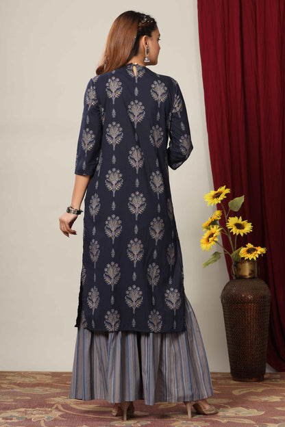 Women's Blue & Grey Printed Cotton Kurta With Sharara
