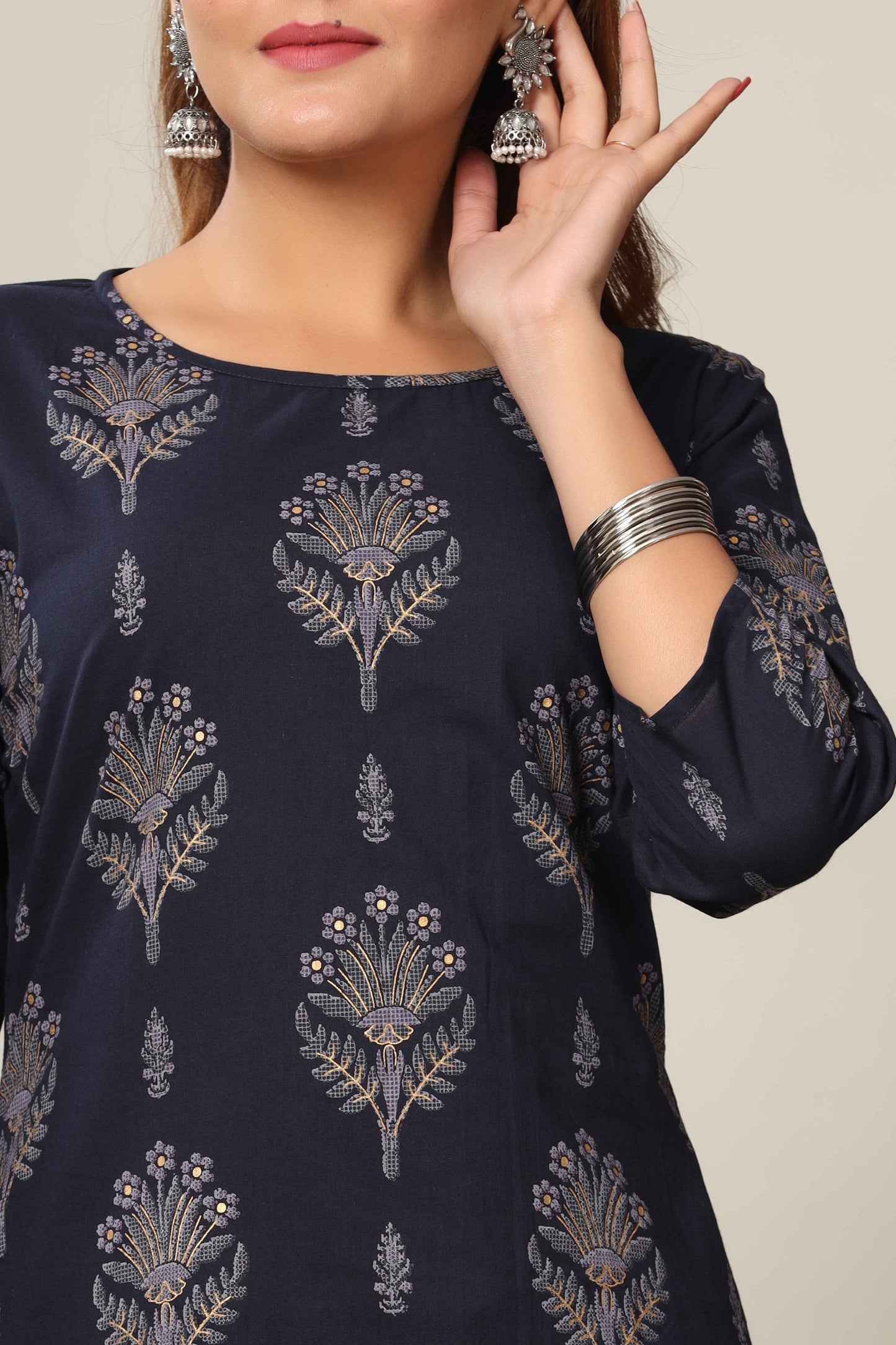 Women's Blue & Grey Printed Cotton Kurta With Sharara