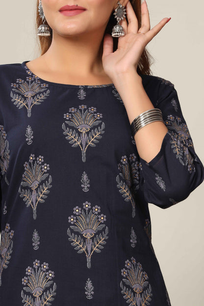 Women's Blue & Grey Printed Cotton Kurta With Sharara