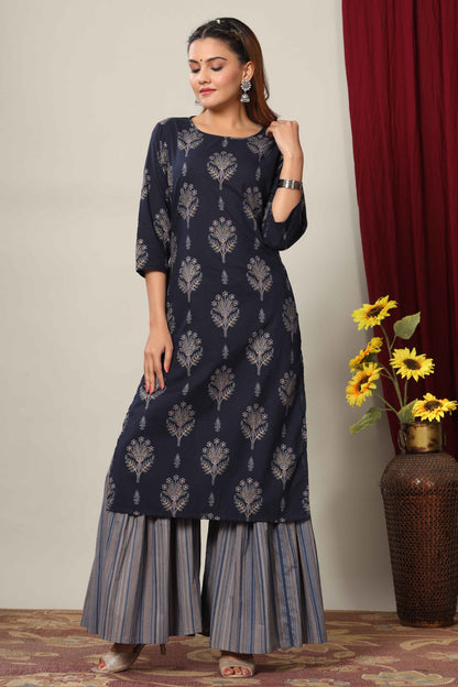 Women's Blue & Grey Printed Cotton Kurta With Sharara