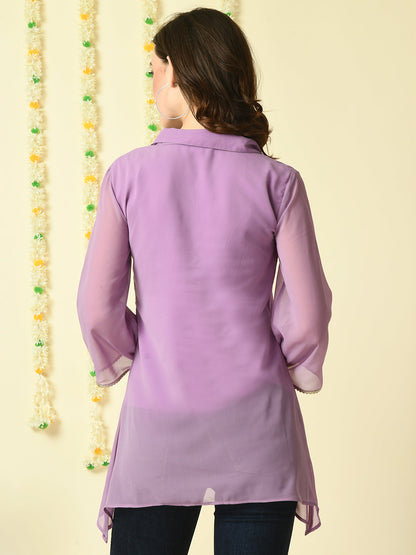 Women's Purple Embroidered Party  Fusion Top