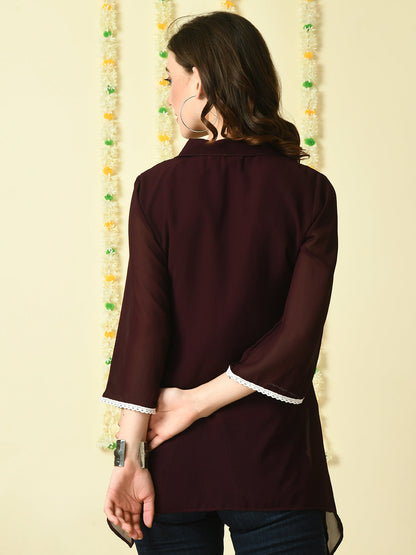 Women's Coffee Brown Embroidered Party  Fusion Top