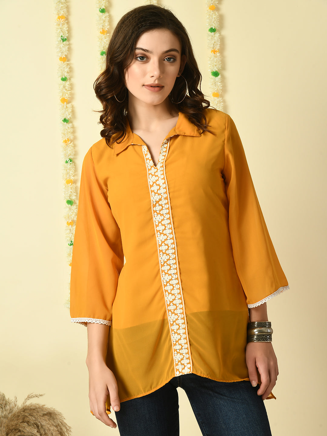 Women's Mustard Embroidered Party  Fusion Top