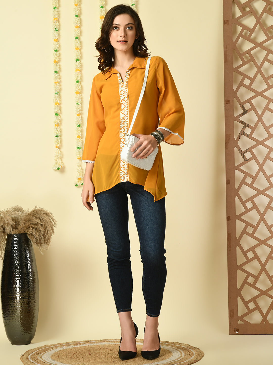 Women's Mustard Embroidered Party  Fusion Top