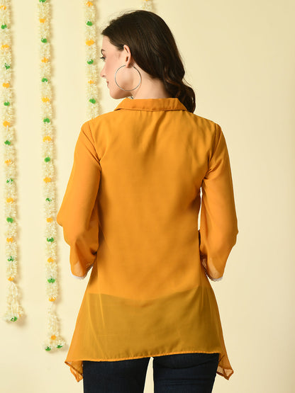 Women's Mustard Embroidered Party  Fusion Top