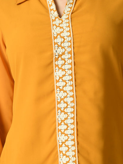 Women's Mustard Embroidered Party  Fusion Top