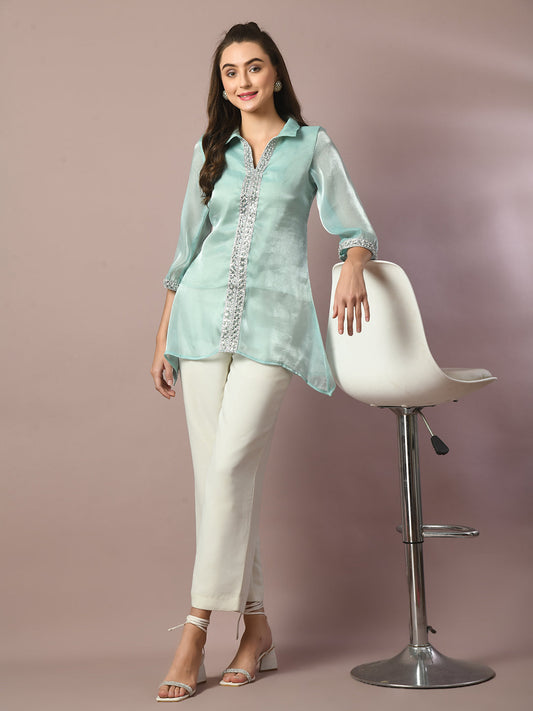 Women's  Blue Solid Longline Party Tunic