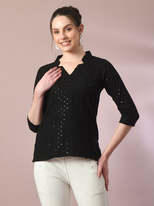 Women's  Black Embellished Cotton Regular Party Tunic