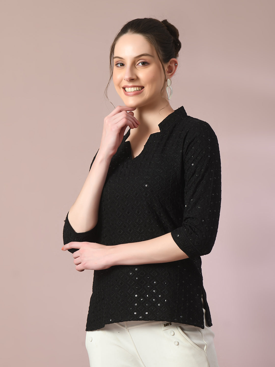Women's  Black Embellished Cotton Regular Party Tunic