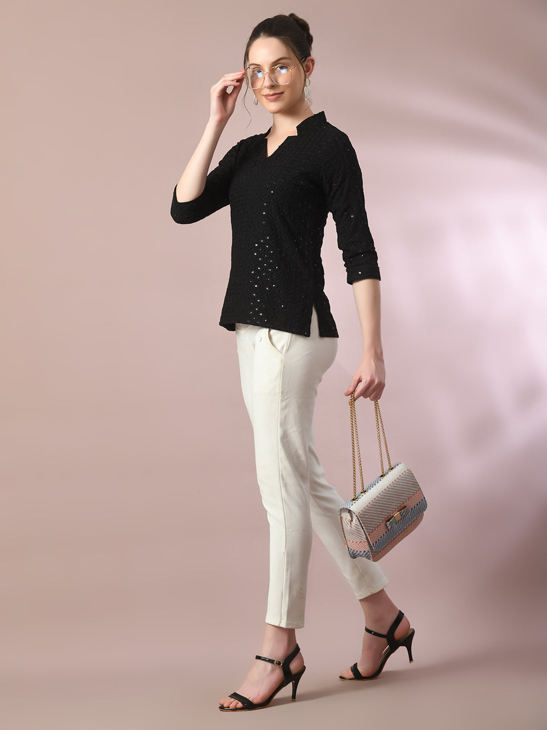 Women's  Black Embellished Cotton Regular Party Tunic