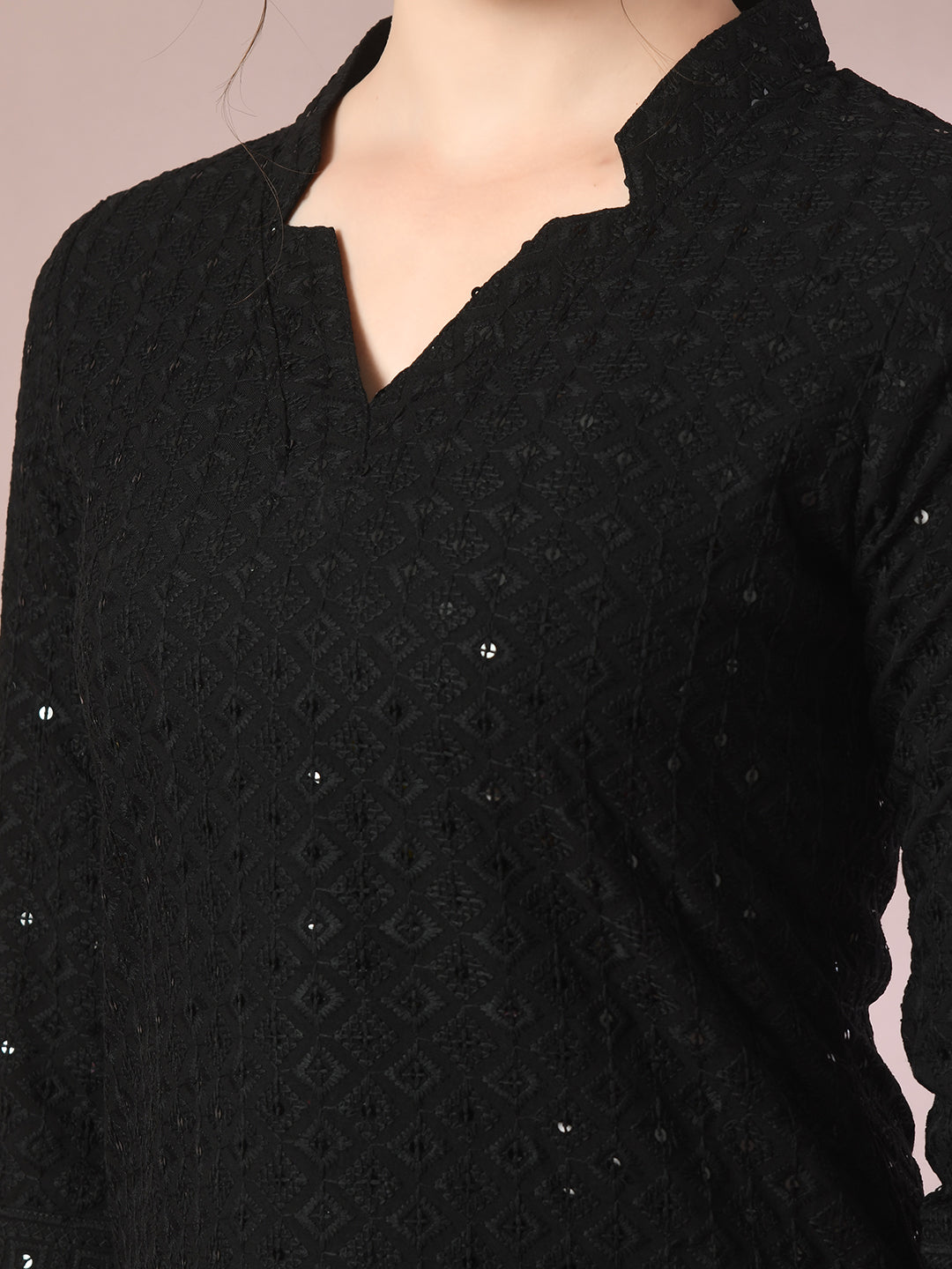 Women's  Black Embellished Cotton Regular Party Tunic