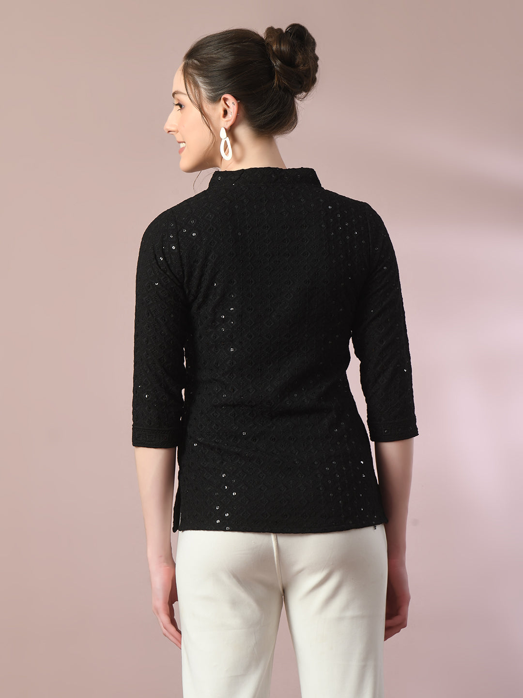 Women's  Black Embellished Cotton Regular Party Tunic