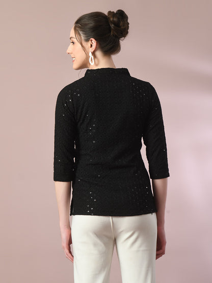 Women's  Black Embellished Cotton Regular Party Tunic