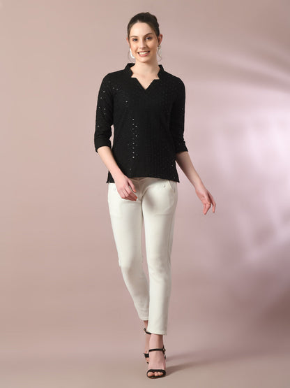 Women's  Black Embellished Cotton Regular Party Tunic