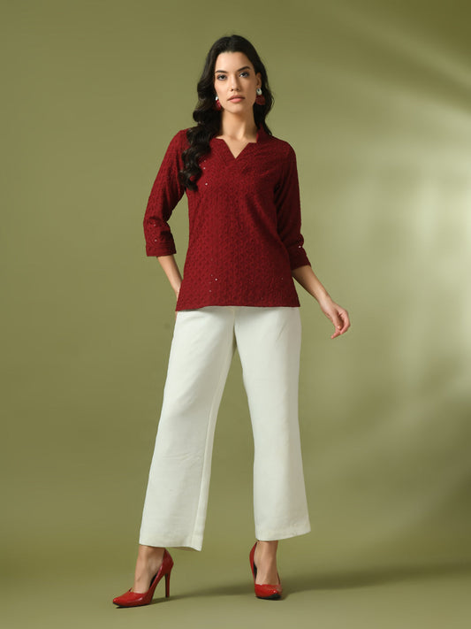 Women's  Maroon Embellished Cotton Regular Party Tunic