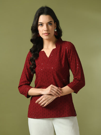 Women's  Maroon Embellished Cotton Regular Party Tunic