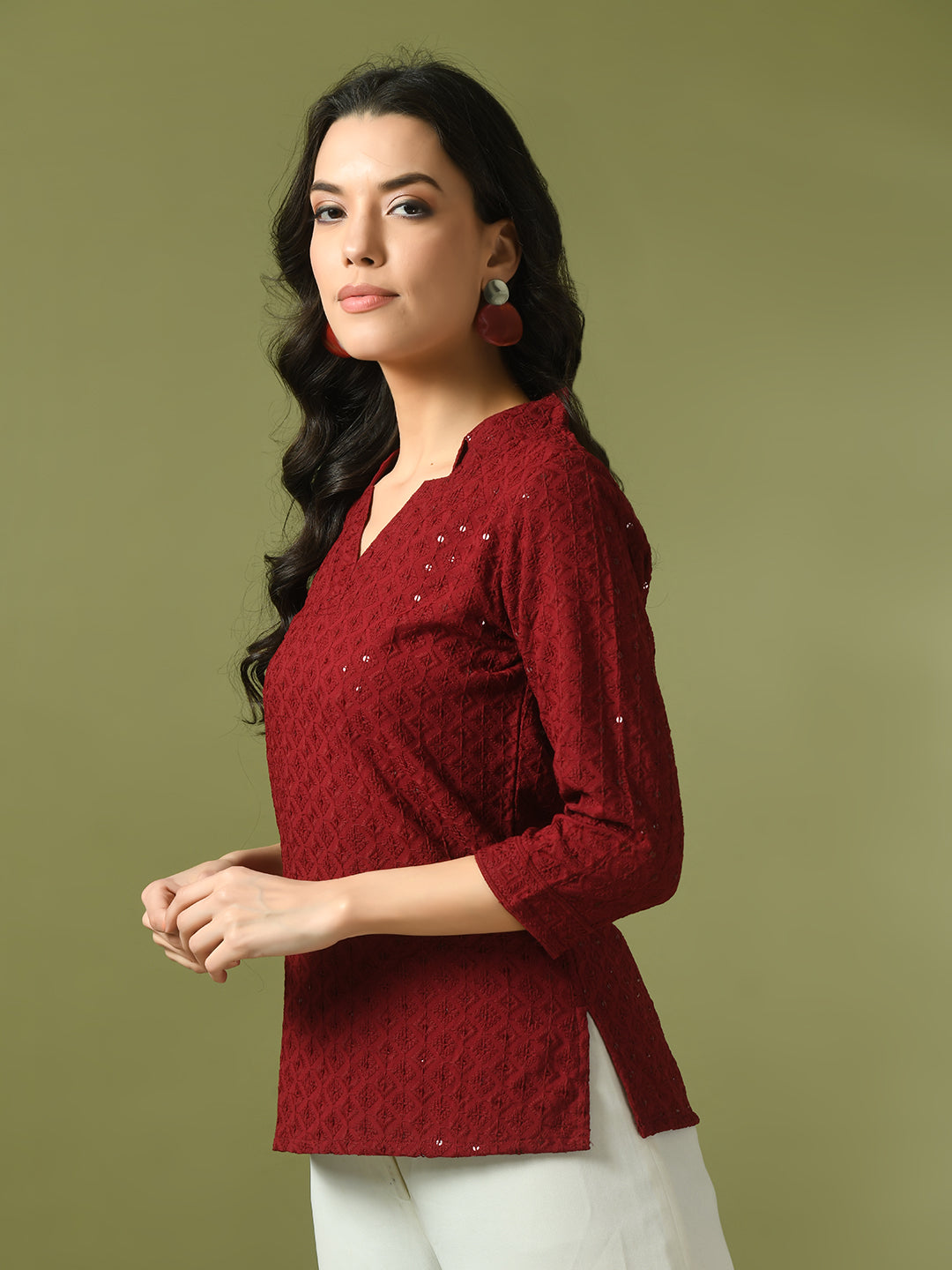 Women's  Maroon Embellished Cotton Regular Party Tunic