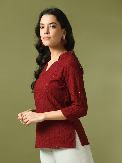 Women's  Maroon Embellished Cotton Regular Party Tunic