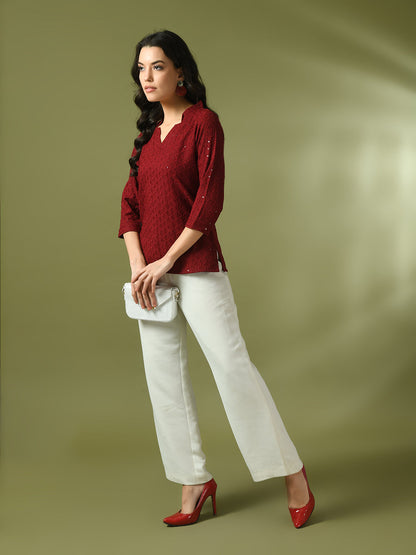 Women's  Maroon Embellished Cotton Regular Party Tunic