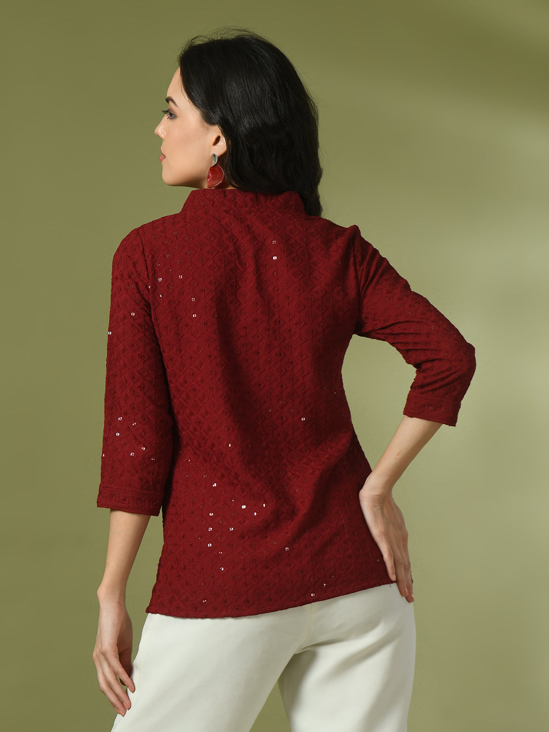Women's  Maroon Embellished Cotton Regular Party Tunic