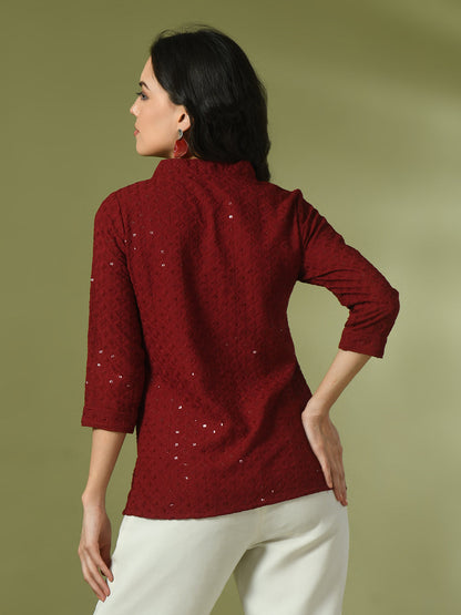 Women's  Maroon Embellished Cotton Regular Party Tunic