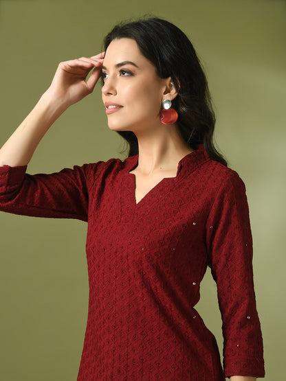 Women's  Maroon Embellished Cotton Regular Party Tunic