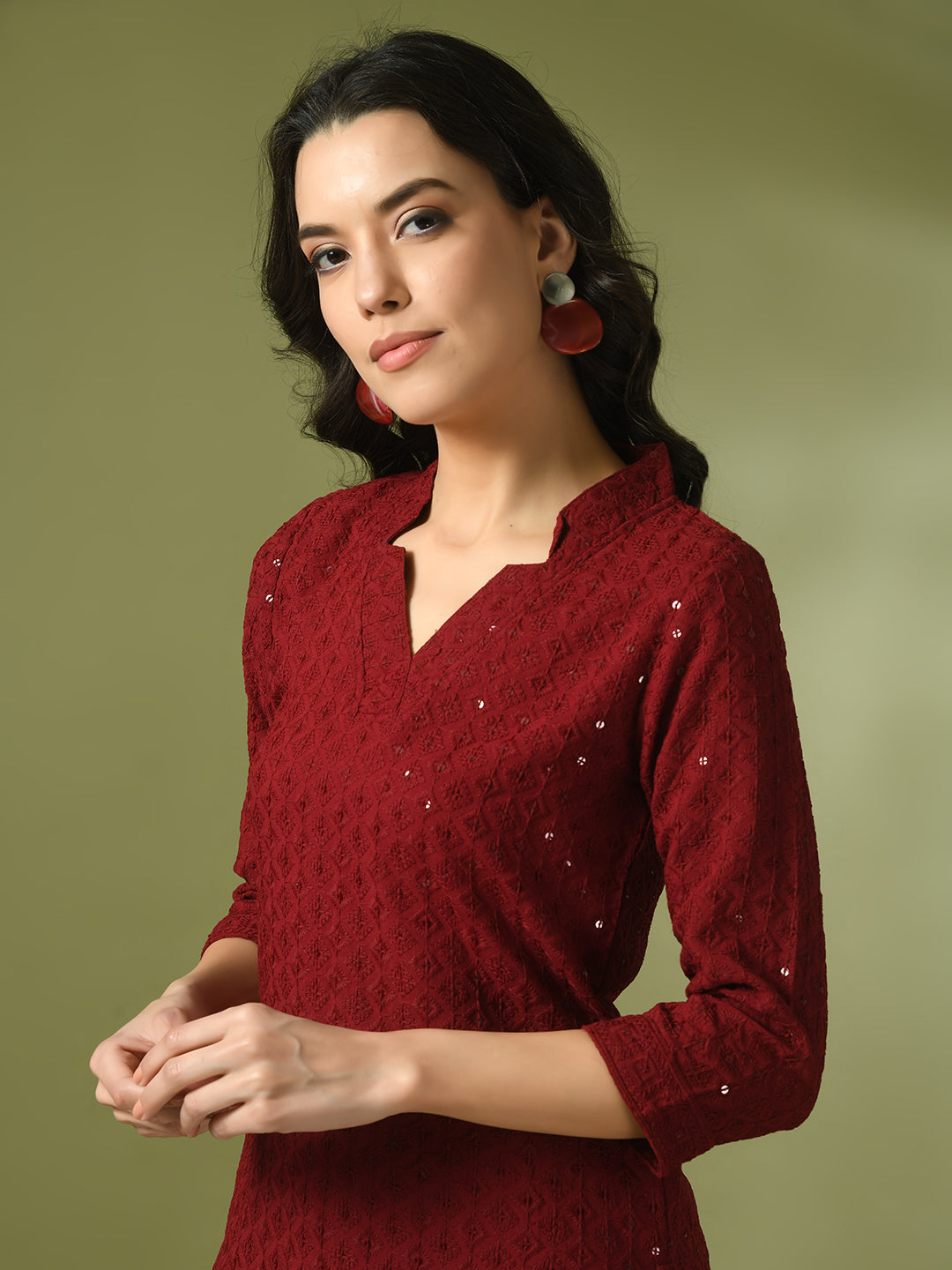 Women's  Maroon Embellished Cotton Regular Party Tunic