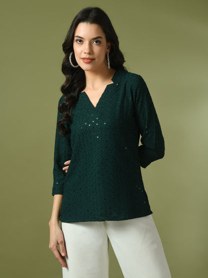 Women's  Green Embellished Cotton Regular Party Tunic