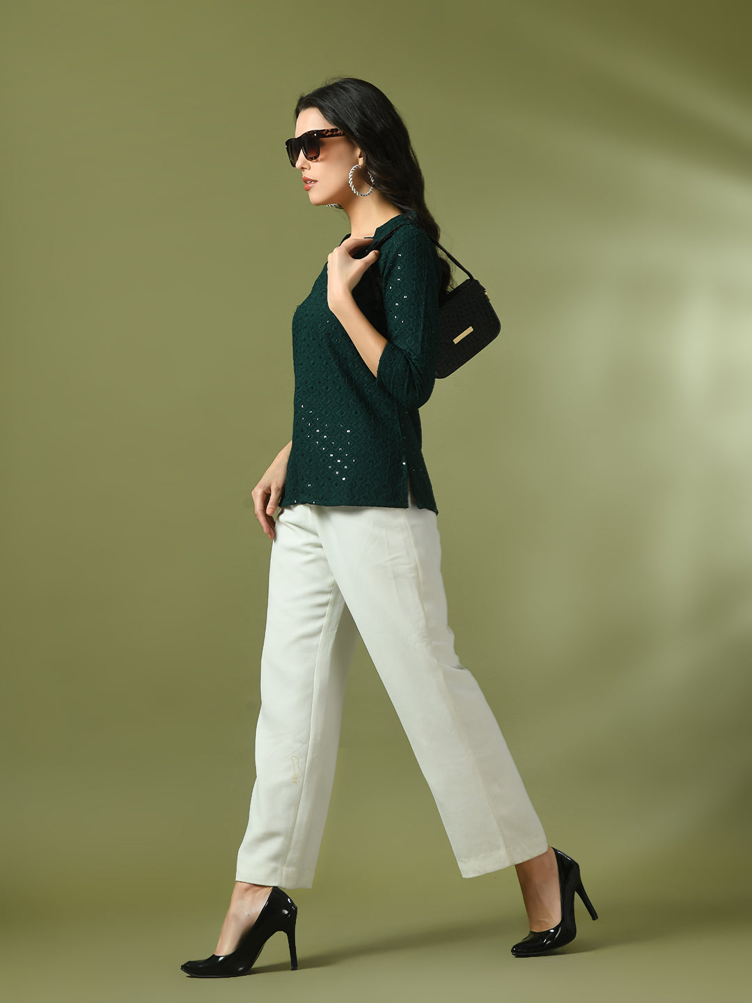 Women's  Green Embellished Cotton Regular Party Tunic