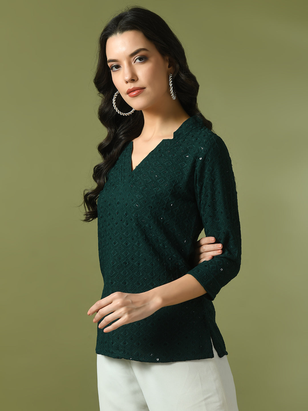 Women's  Green Embellished Cotton Regular Party Tunic