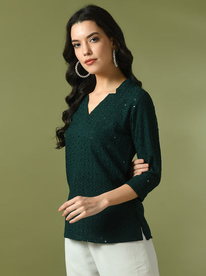 Women's  Green Embellished Cotton Regular Party Tunic