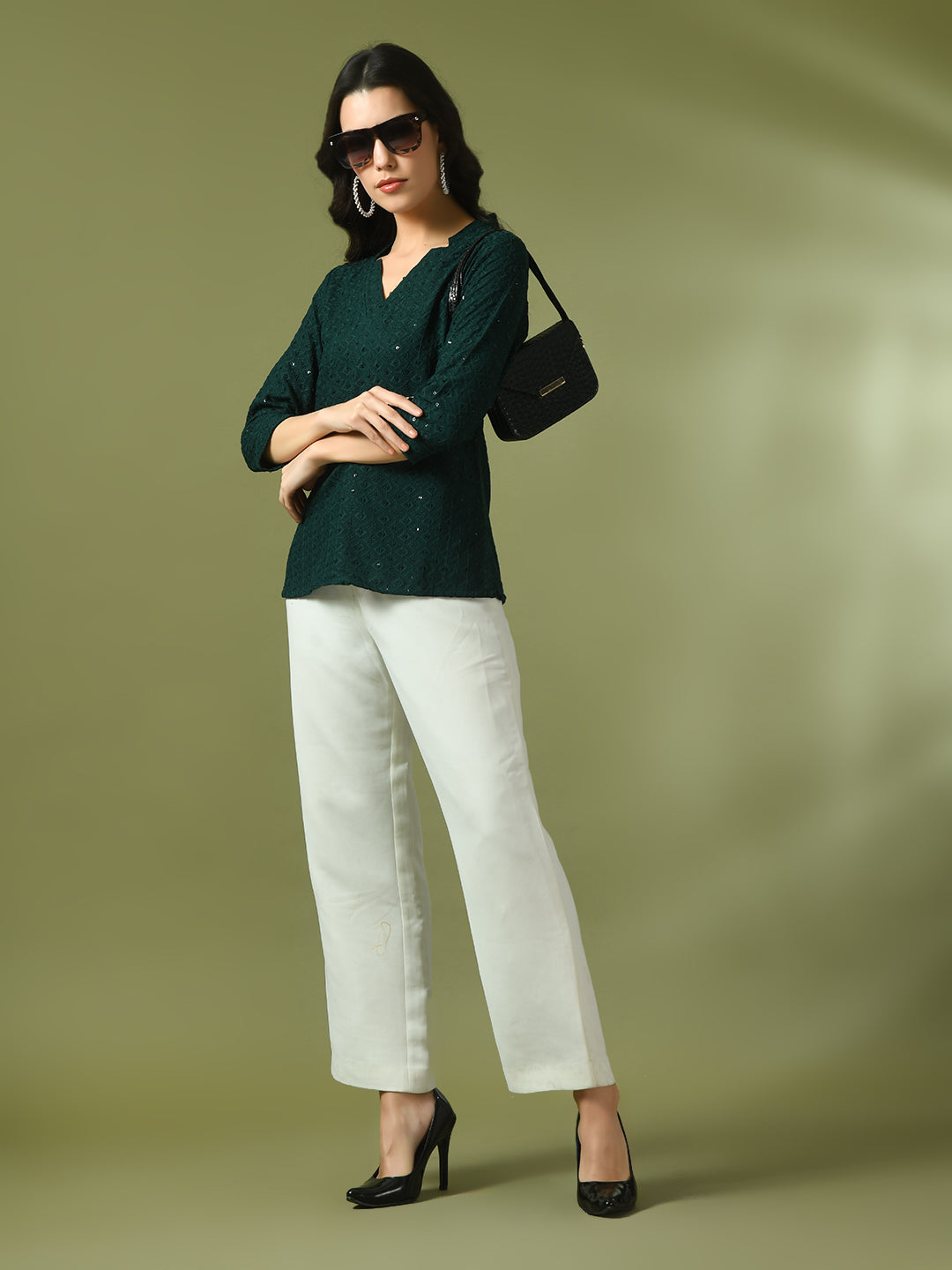 Women's  Green Embellished Cotton Regular Party Tunic