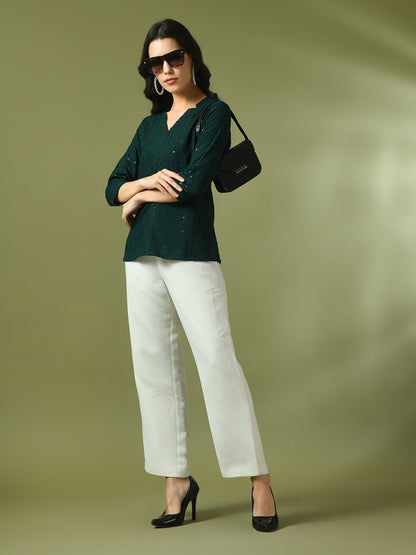 Women's  Green Embellished Cotton Regular Party Tunic